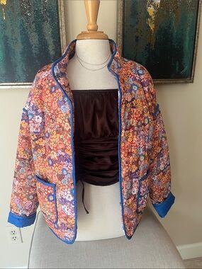 Floral Quilted Puffer Jacket with Blue Trim